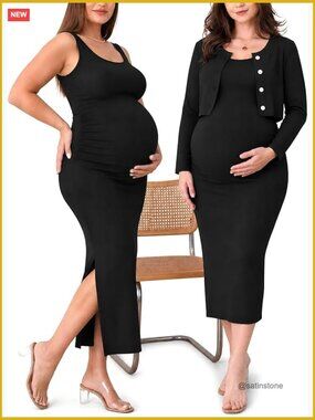 2 PCS Maternity Dress Cardigan Set Bodycon Tank Dress Long Sleeve Button Down